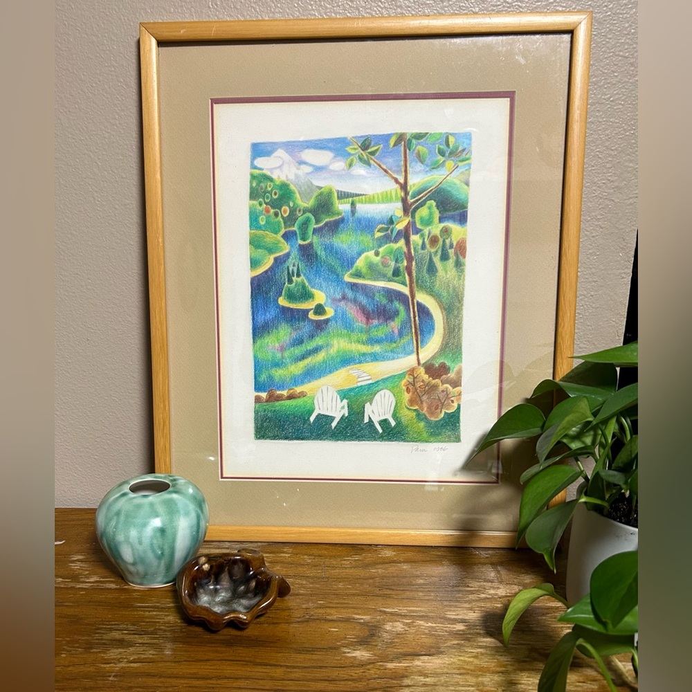 Original Pencil Rural Mountain Landscape Pastel Artwork 80s Signed Pam PNW Hood